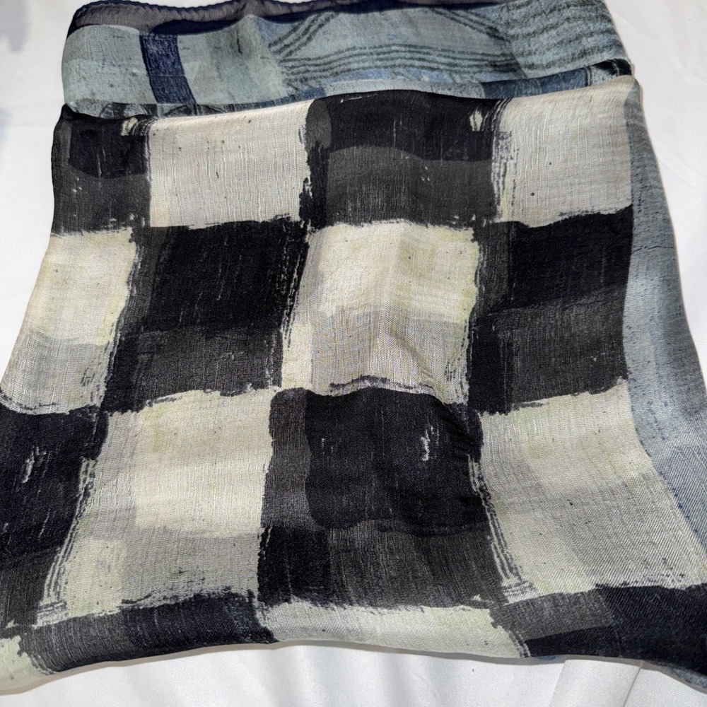 Women's Vintage KENZO Light Silk Checked Checkered Scarf Wrap Blue Black White - Picture 7 of 8